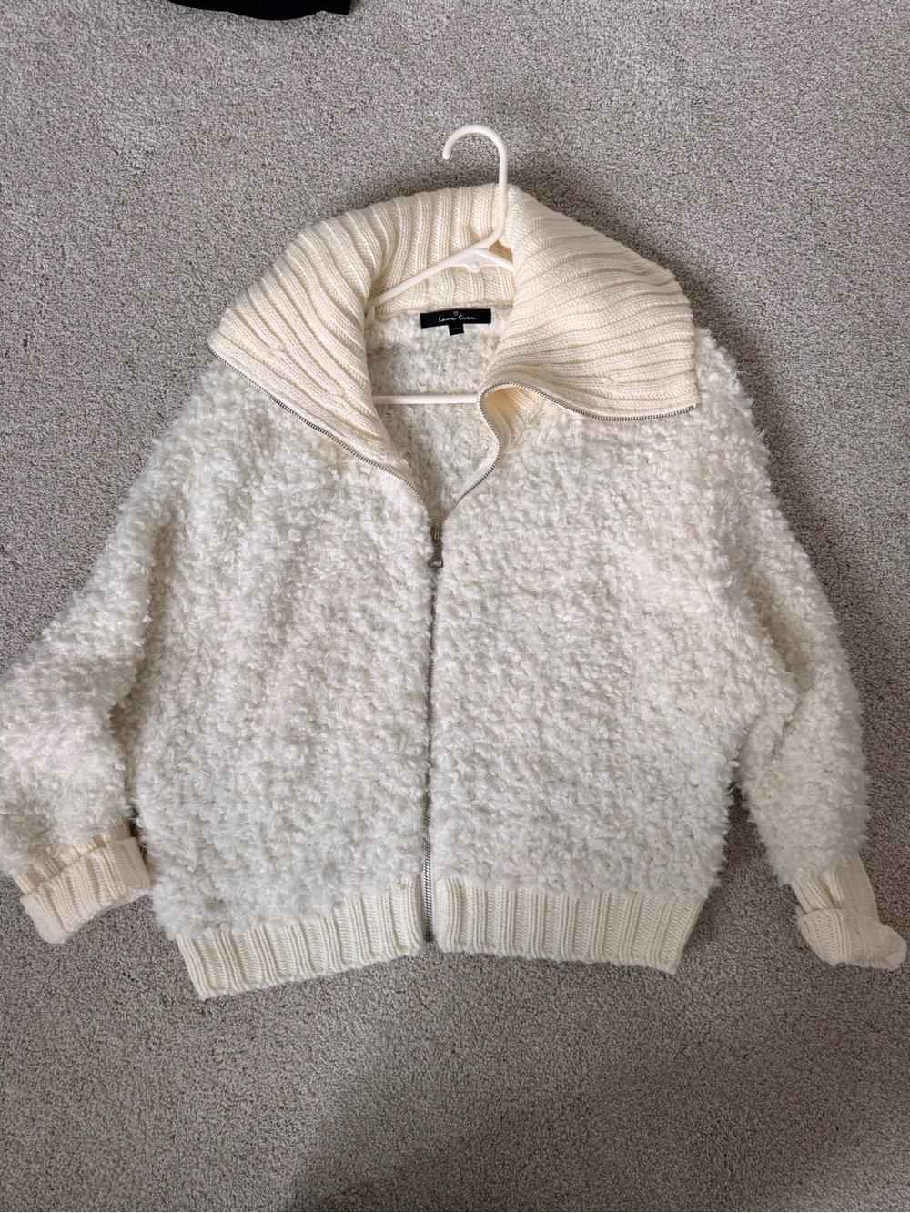 Love Tree Cream Bouclé Zip-Up Cardigan Sweater